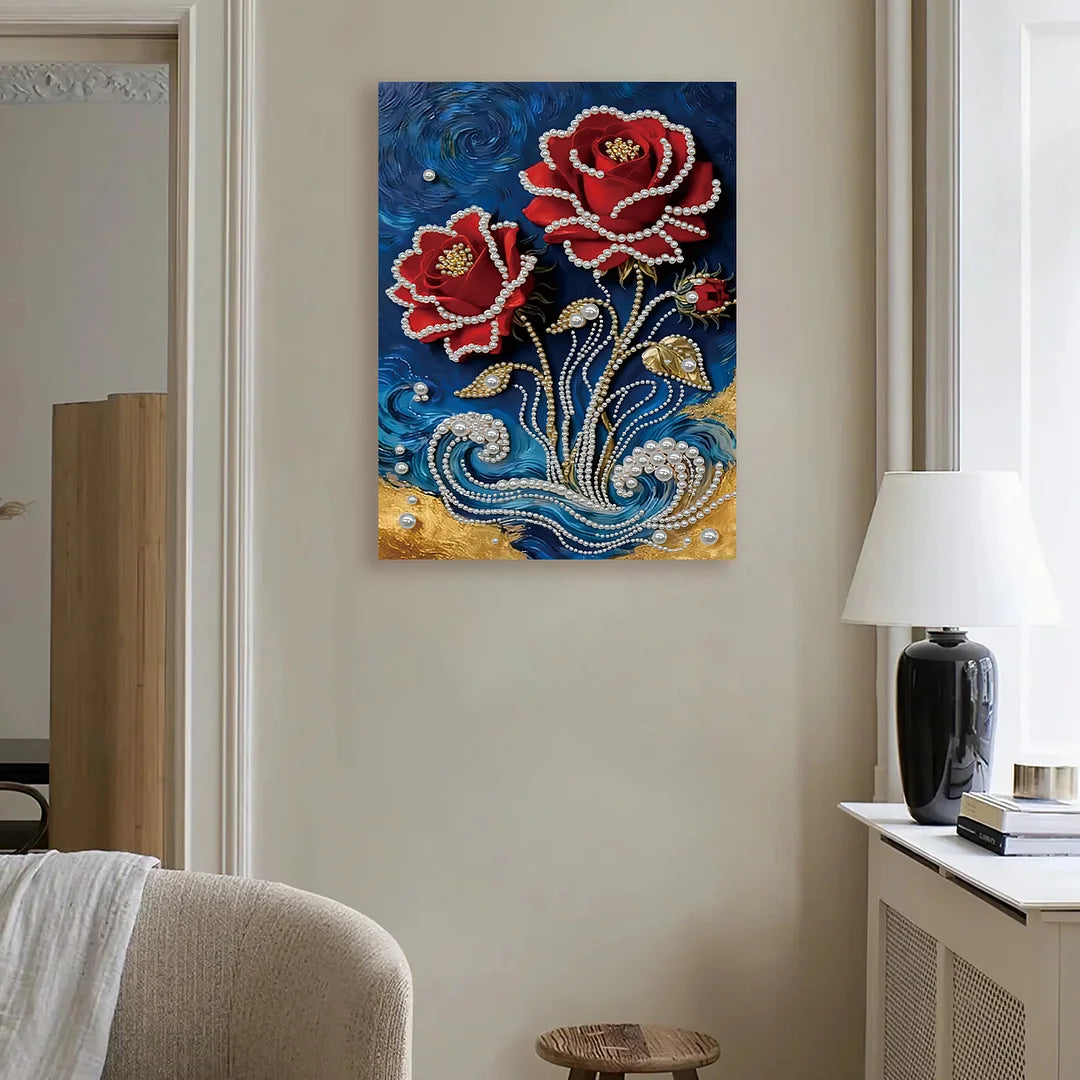 DIY Pearl Painting With Frame - Handmade Self-Adhesive Pearls - Red Flower (30*40cm)