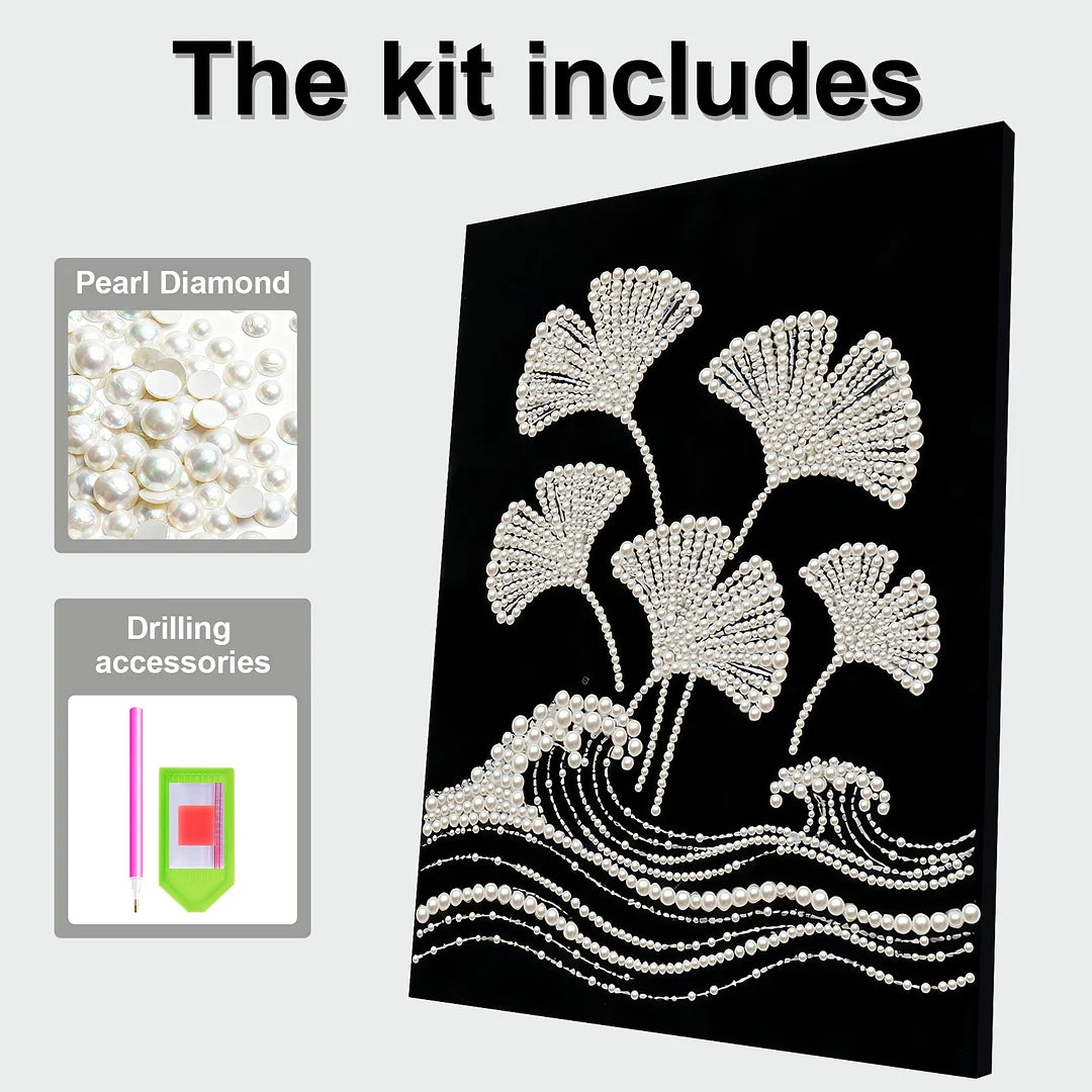 DIY Pearl Painting With Frame - Handmade Self-Adhesive Pearls - Ginkgo Leaves (30*40cm) B