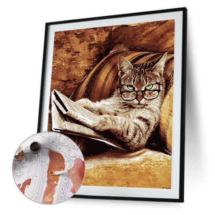 Hand Painted Drawing Acrylic Canvas Glasses Cat Wall Art Craft Decor