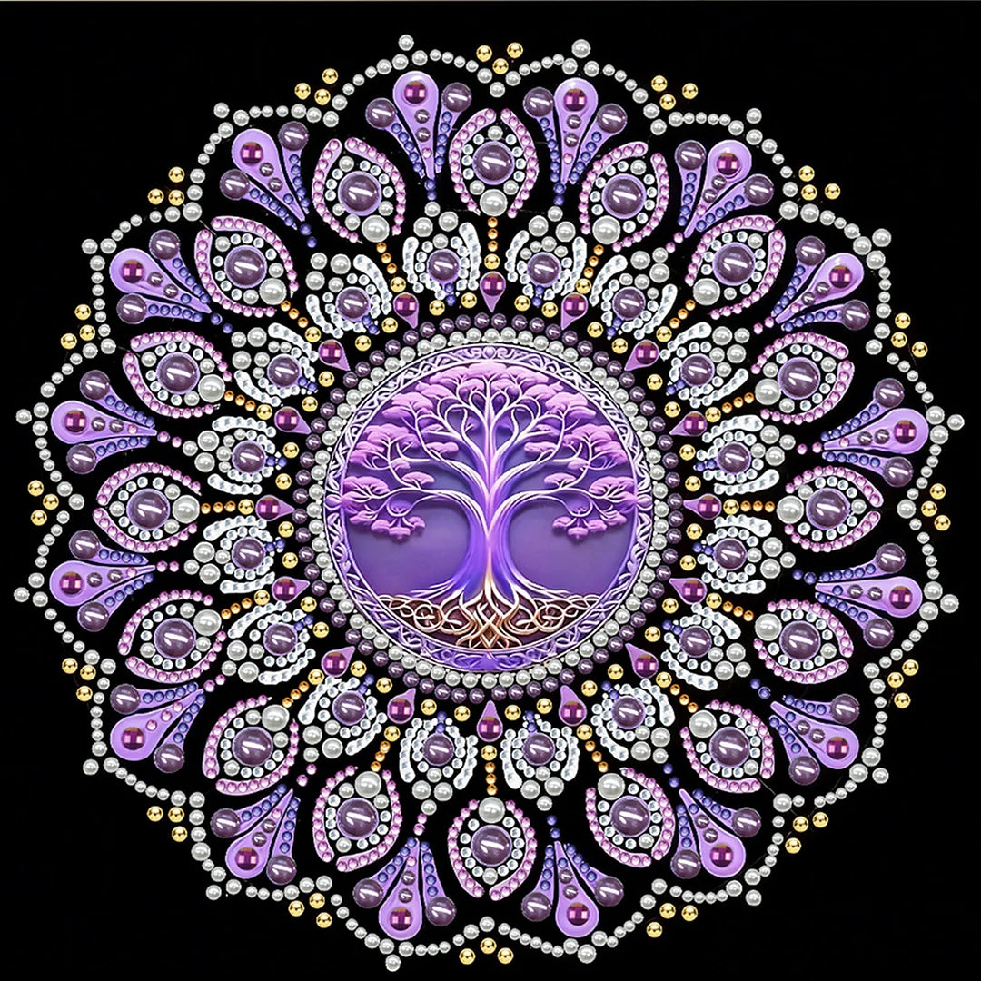 DIY Pearl Painting With Frame - Handmade Self-Adhesive Pearls - Purple Tree Mandala (25*25cm)