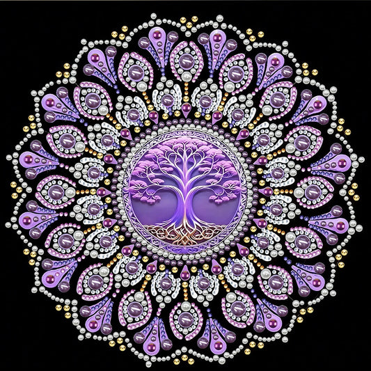 DIY Pearl Painting With Frame - Handmade Self-Adhesive Pearls - Purple Tree Mandala (25*25cm)