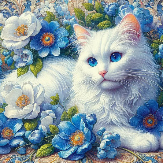 Diamond Painting - Full Round / Square - White Cat In Flowers