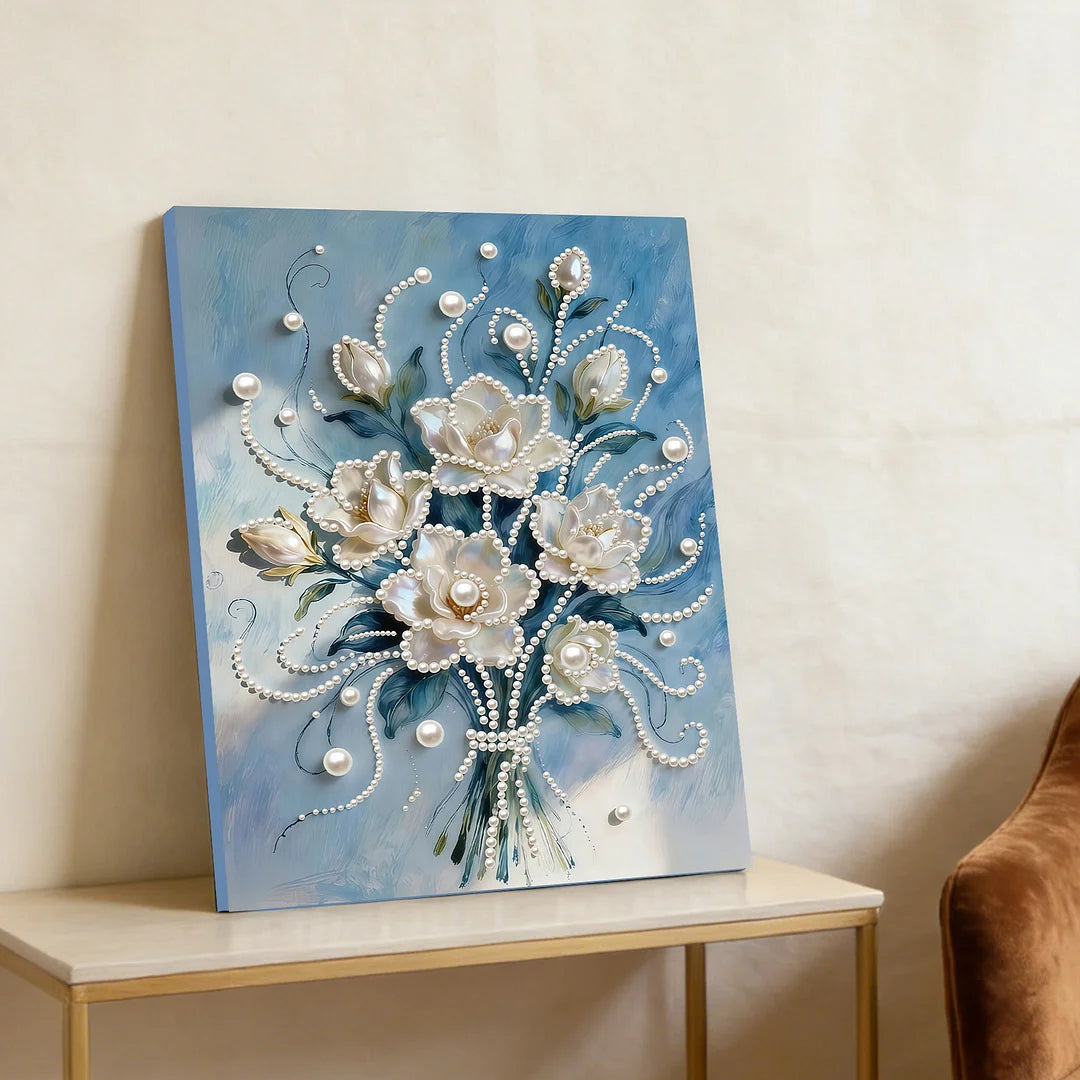 DIY Pearl Painting With Frame - Handmade Self-Adhesive Pearls - White flowers (30*40cm)