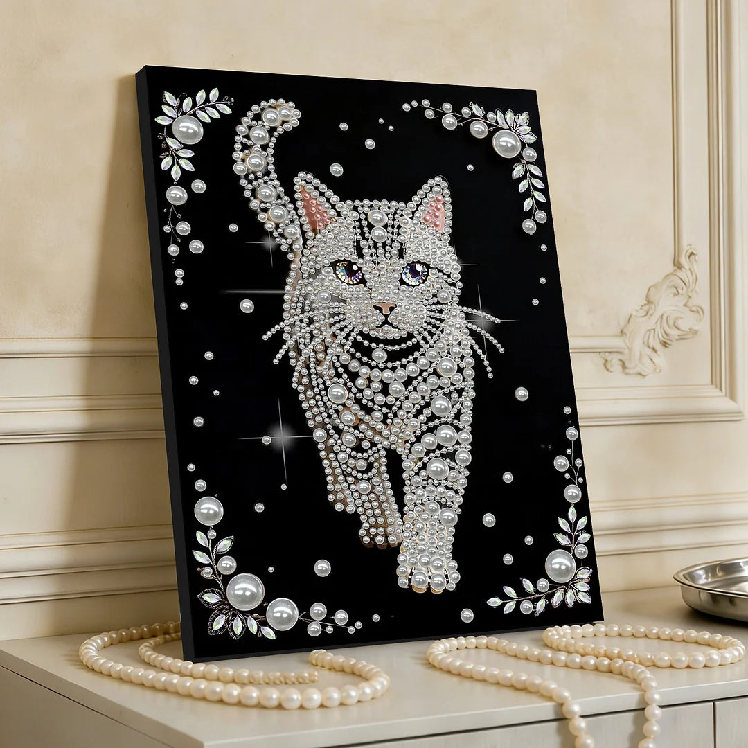 DIY Pearl Painting With Frame - Handmade Self-Adhesive Pearls - Cat (30*40cm) A