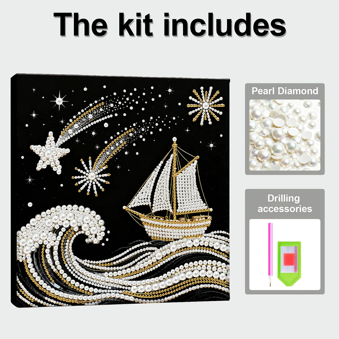 DIY Pearl Painting With Frame - Handmade Self-Adhesive Pearls - Sea Waves Sailing (25*25cm)