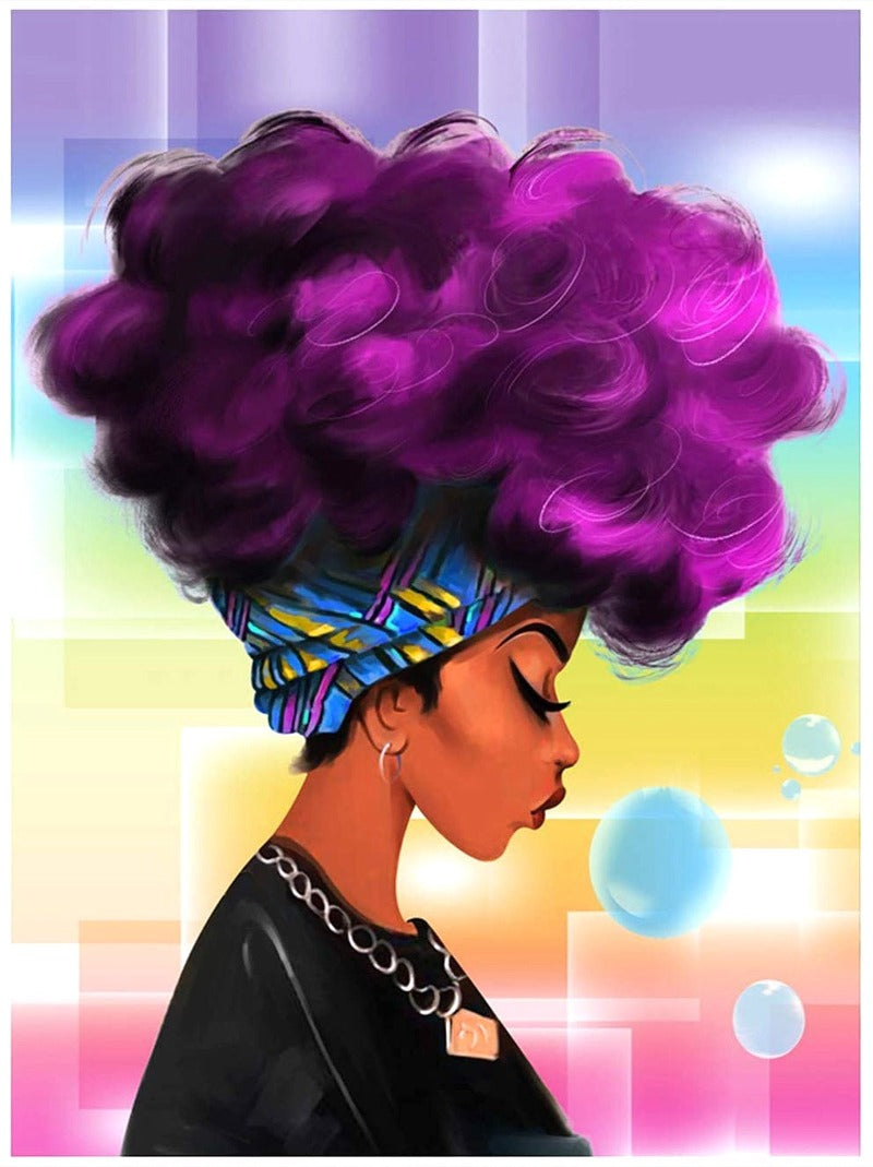 Purple Hair African Women Full Round Diamond embroidery Include Painting Tools