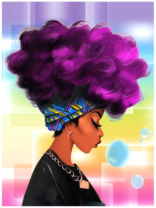Purple Hair African Women Full Round Diamond embroidery Include Painting Tools