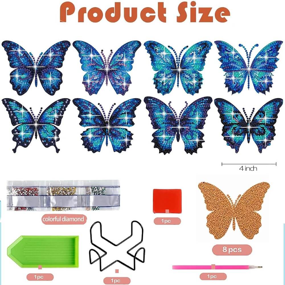 8PCS Blue Butterfly Special Shaped Diamond Painting Coaster Package