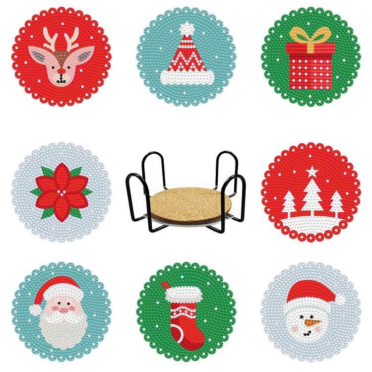 8PCS Christmas DIY Diamond Painting Coaster Set (With Stand) B