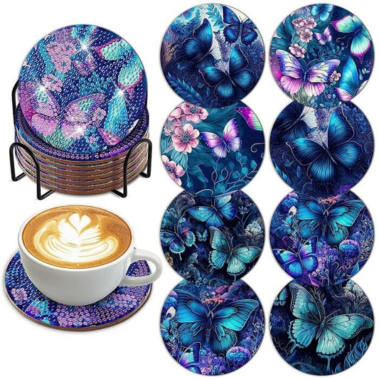 8pcs DIY Diamond Painting Acrylic Coaster Butterfly Cup Coaster With Stand