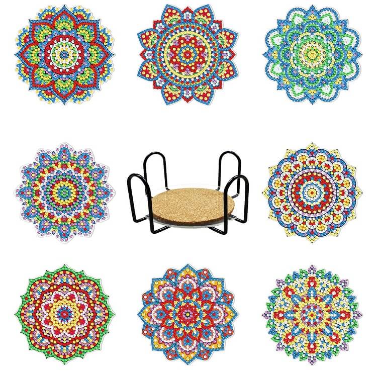 8pcs mandala diamond painting cup coaster set with stand