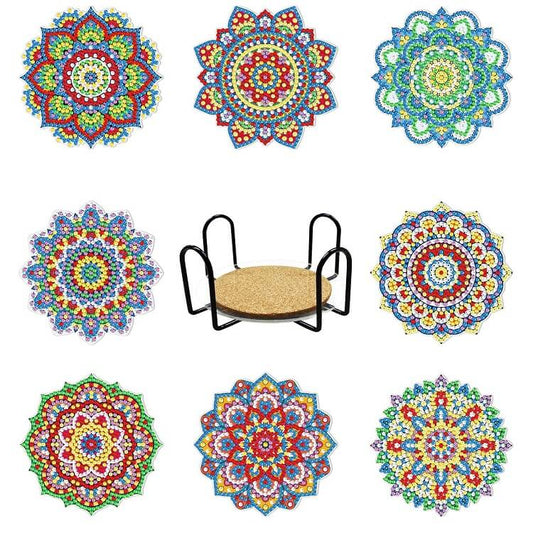 8pcs mandala diamond painting cup coaster set with stand