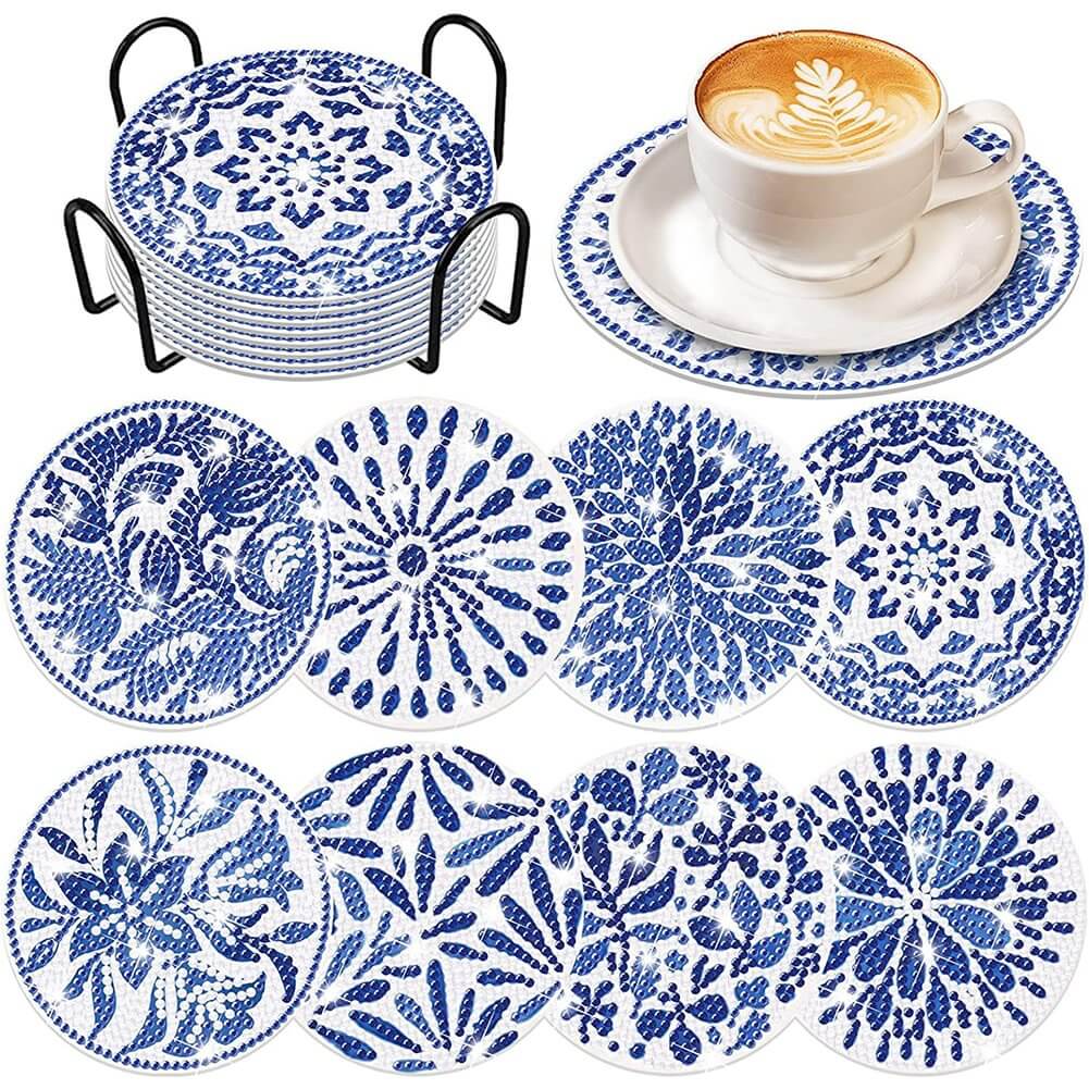 8PCS Porcelain Pattern DIY Diamond Painting Coaster (With Stand)