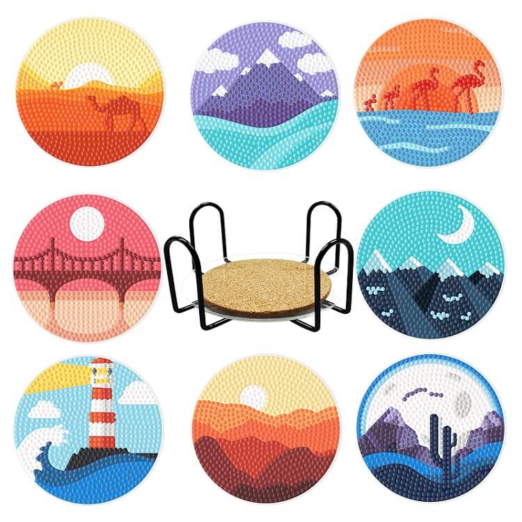 8pcs view diamond painting cup coaster set with stand