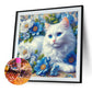 Diamond Painting - Full Round / Square - White Cat In Flowers