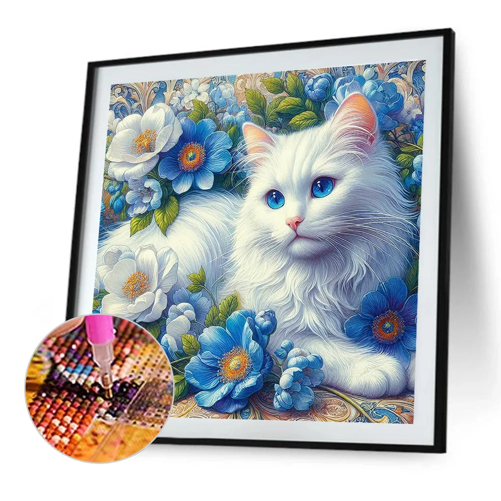 Diamond Painting - Full Round / Square - White Cat In Flowers