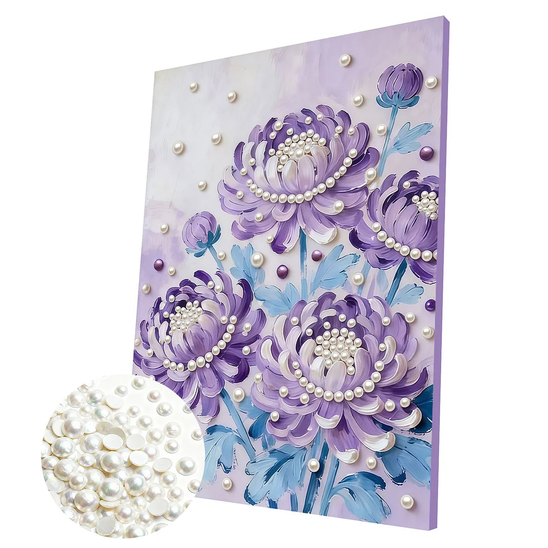 DIY Pearl Painting With Frame - Handmade Self-Adhesive Pearls - Purple flowers (30*40cm)