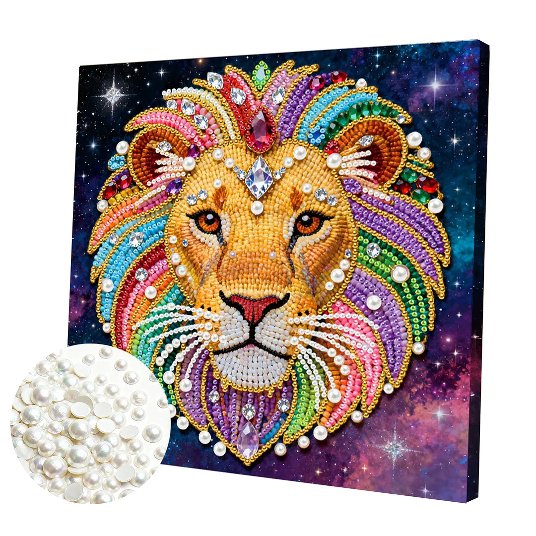 DIY Pearl Painting With Frame - Handmade Self-Adhesive Pearls - Lion (25*25cm) A