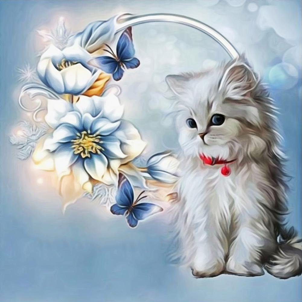 5D DIY Diamond Painting Partial Round Cat Flowers