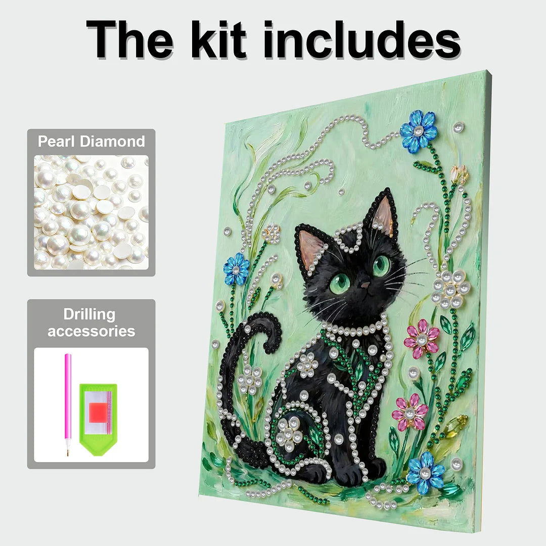 DIY Pearl Painting With Frame - Handmade Self-Adhesive Pearls - Black Cat (30*40cm)