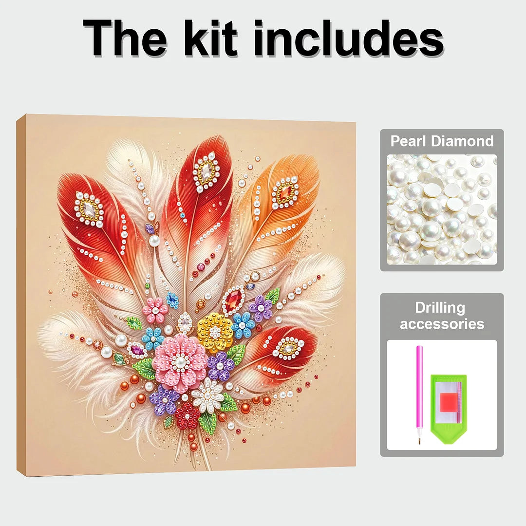 DIY Pearl Painting With Frame - Handmade Self-Adhesive Pearls - Feather (25*25cm)
