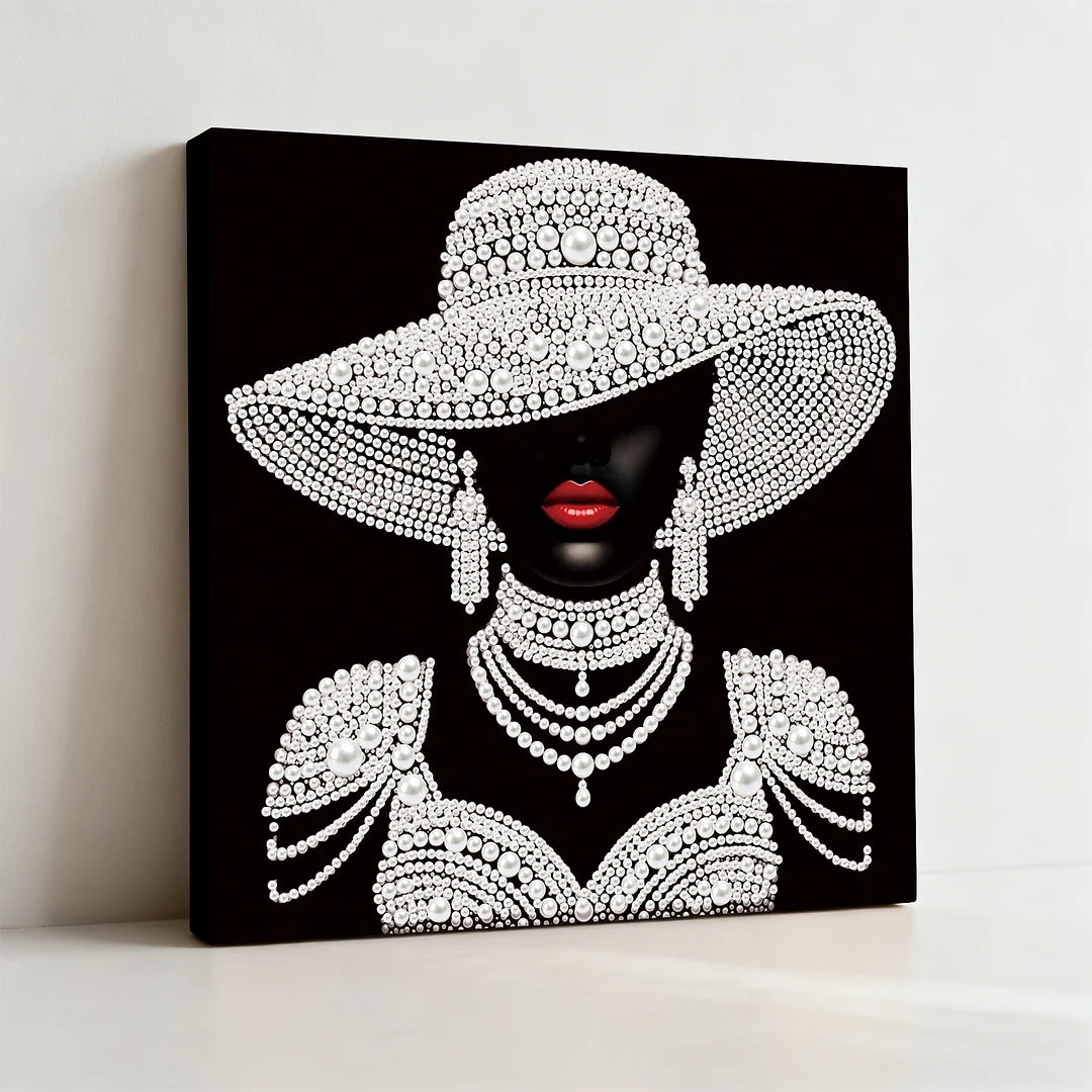 DIY Pearl Painting With Frame - Handmade Self-Adhesive Pearls - Lady with Red Lips (25*25cm)