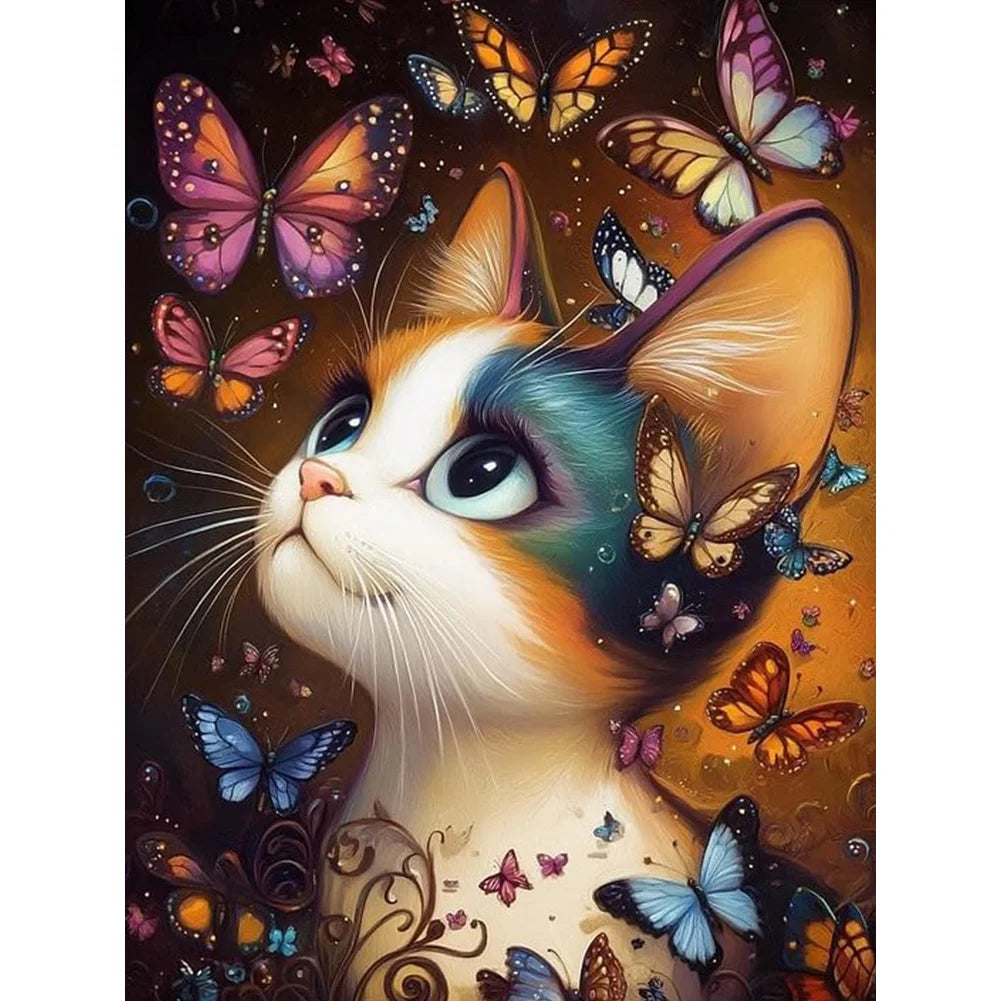 Diamond Painting - Full Round / Square - Butterfies and Cat