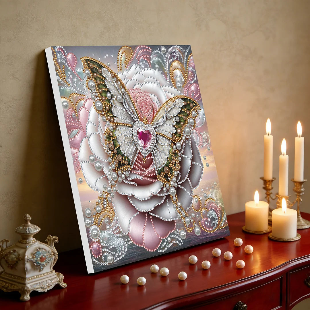 DIY Pearl Painting With Frame - Handmade Self-Adhesive Pearls - White Butterfly (25*25cm)