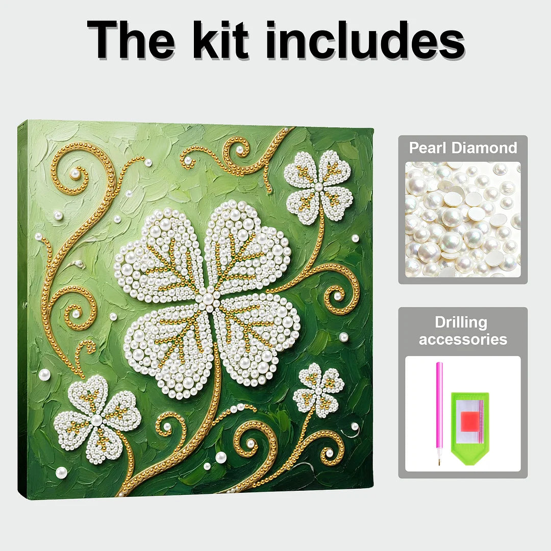 DIY Pearl Painting With Frame - Handmade Self-Adhesive Pearls - Four-Leaf Clover (25*25cm)