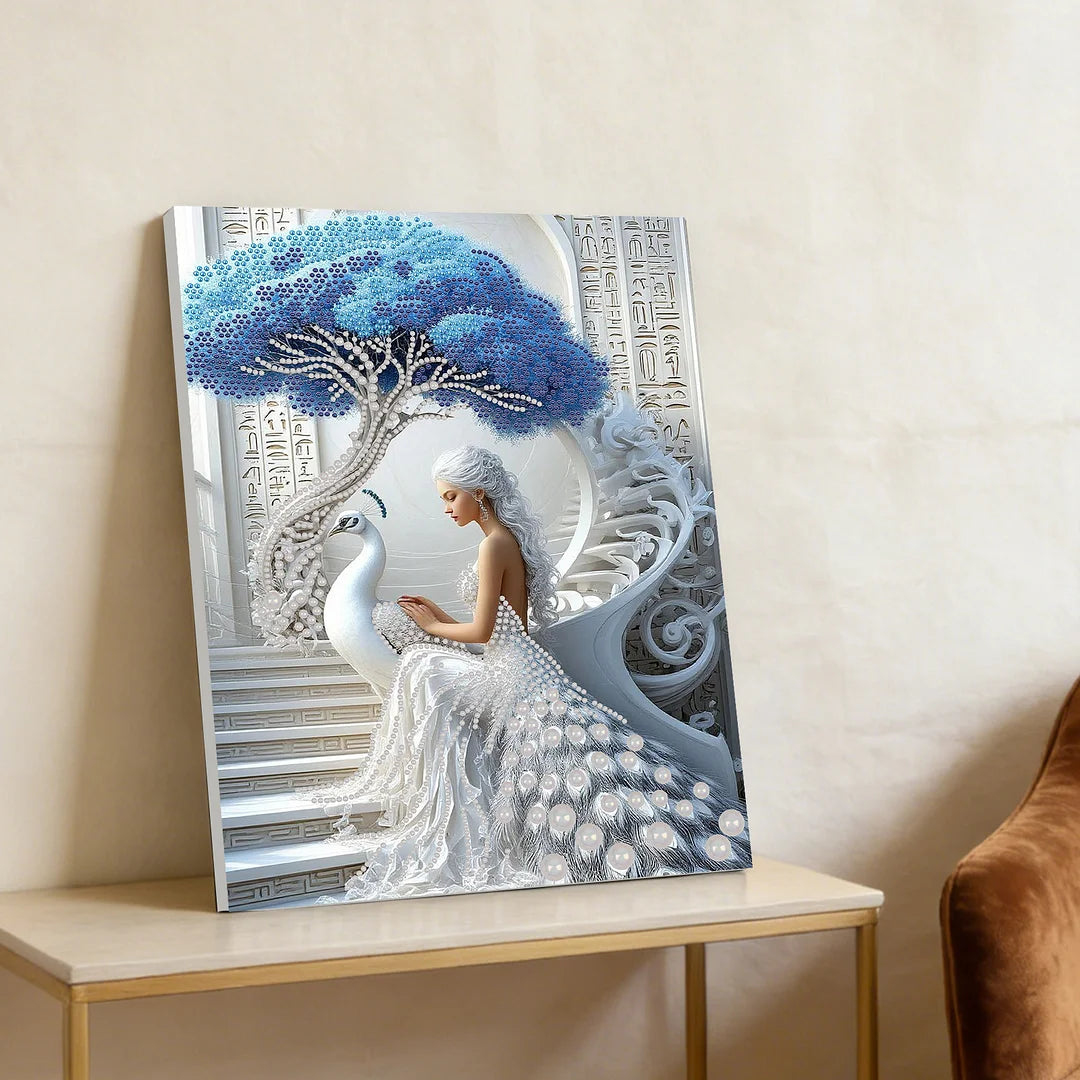 DIY Pearl Painting With Frame - Handmade Self-Adhesive Pearls - Peacock and Girl(30*40cm)