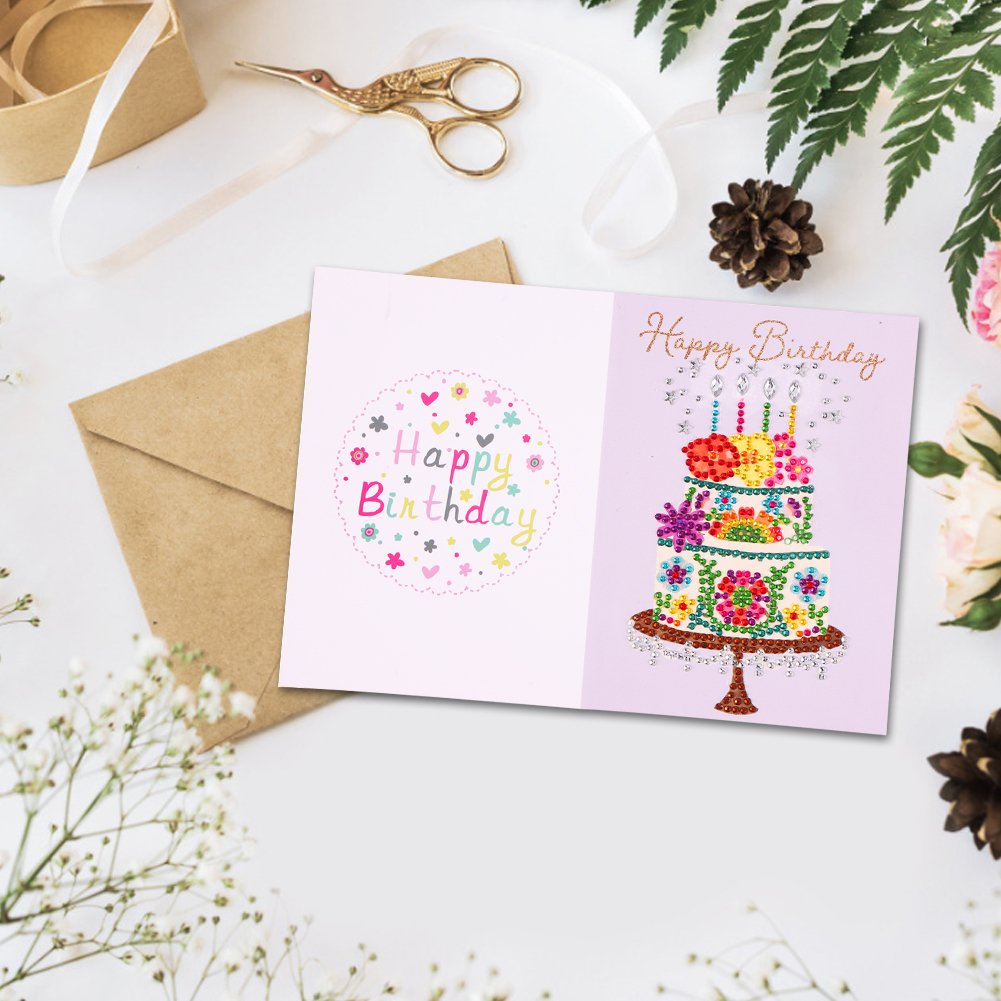 DIY 5D Diamond Painting Happy Birthday Postcard - Cake C