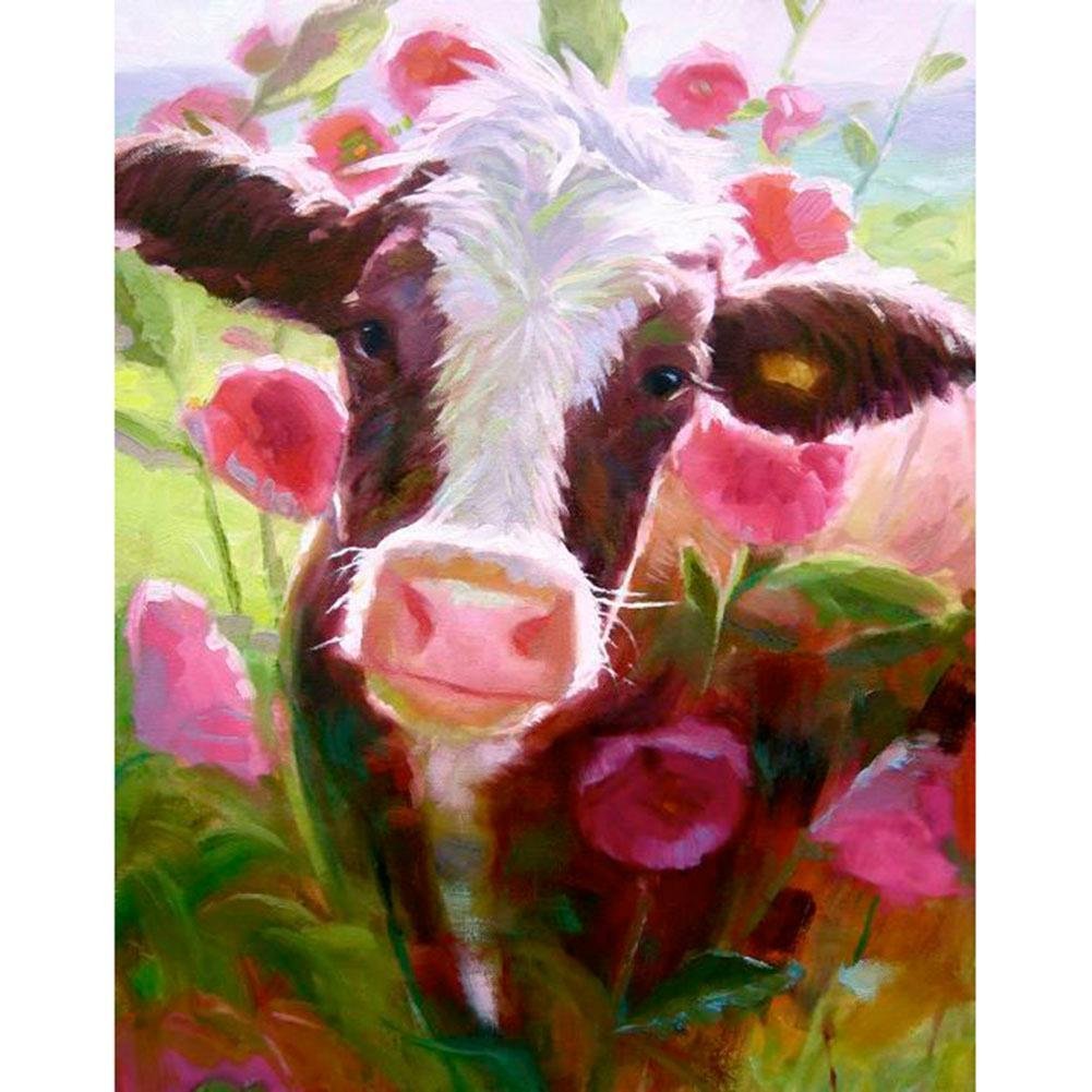 5D Diy Diamond Painting Kit Full Round Beads Cow Flower
