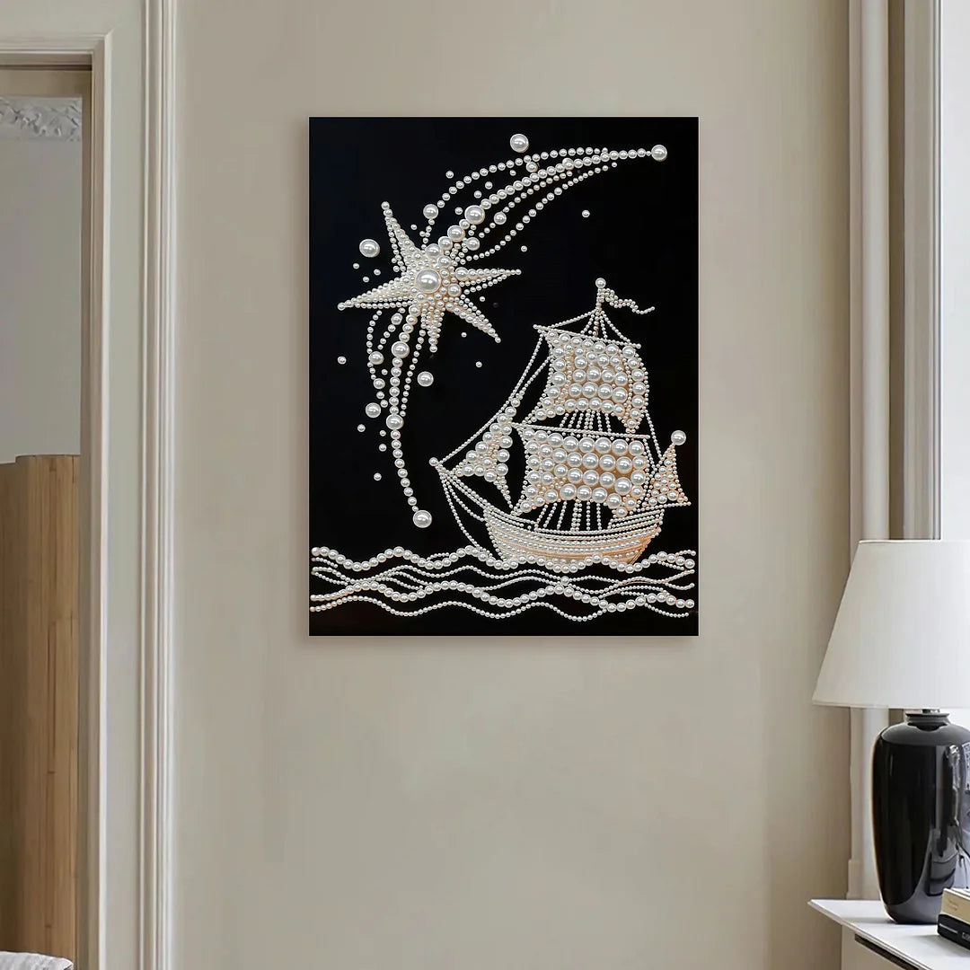 DIY Pearl Painting With Frame - Handmade Self-Adhesive Pearls - Sailboat (30*40cm)