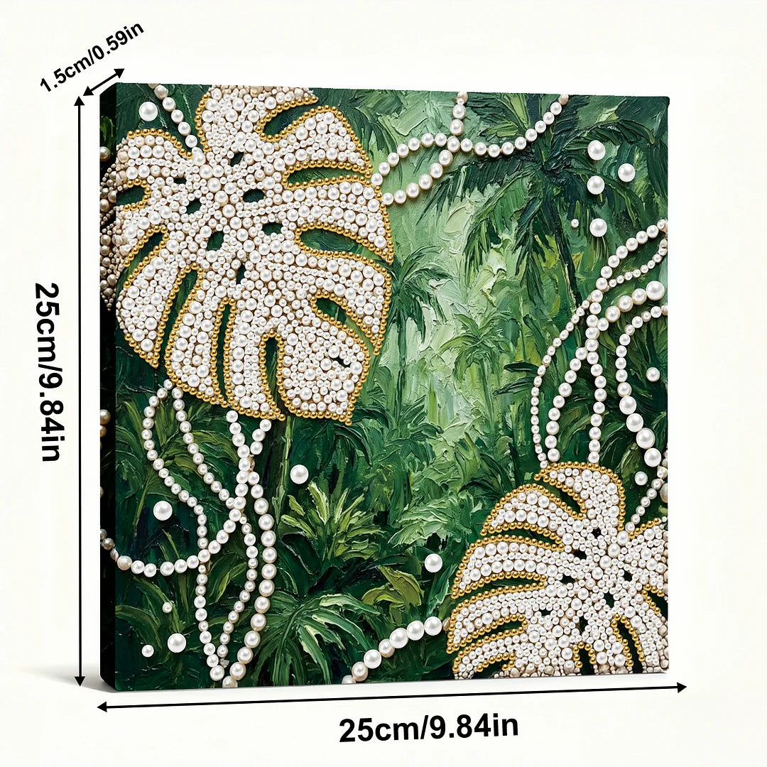 DIY Pearl Painting With Frame - Handmade Self-Adhesive Pearls - Monstera Leaves (25*25cm)