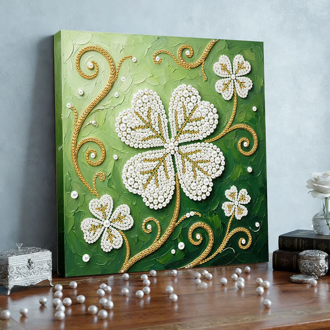 DIY Pearl Painting With Frame - Handmade Self-Adhesive Pearls - Four-Leaf Clover (25*25cm)