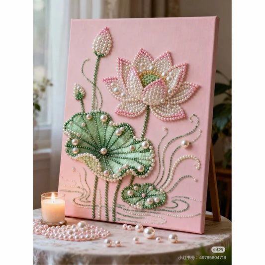 DIY Pearl Painting With Frame - Handmade Self-Adhesive Pearls - Lotus (40*50cm) B