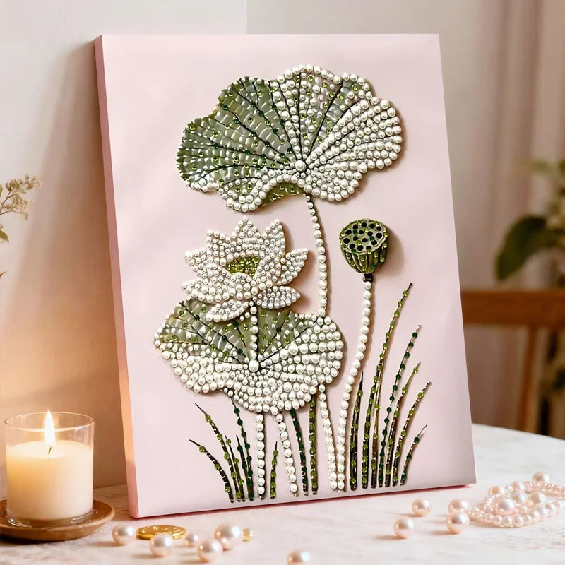 DIY Pearl Painting With Frame - Handmade Self-Adhesive Pearls - Lotus (40*50cm) A
