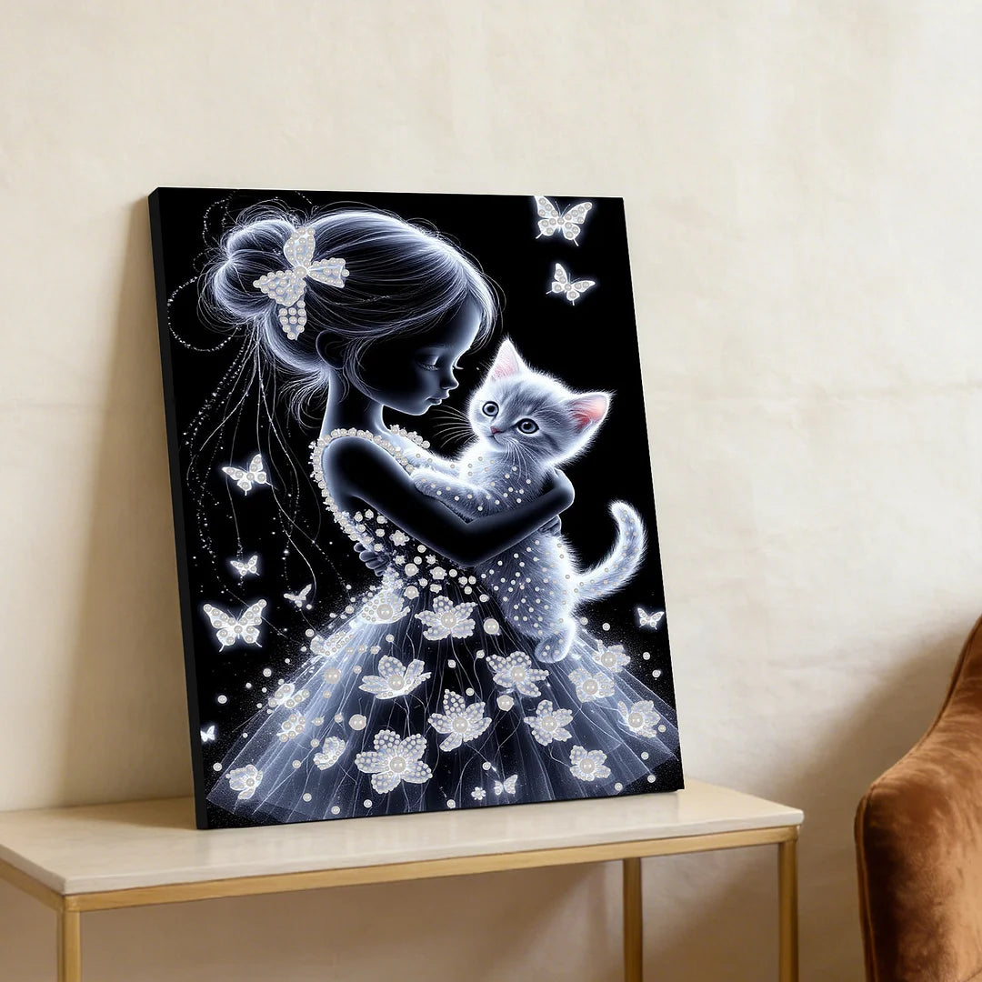 DIY Pearl Painting With Frame - Handmade Self-Adhesive Pearls - Girl and Cat (30*40cm)