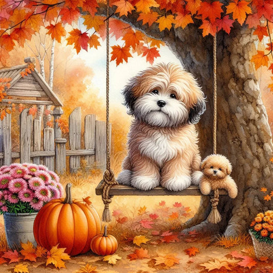 Diamond Painting - Full Round / Square - Autumn Dog On The Swing