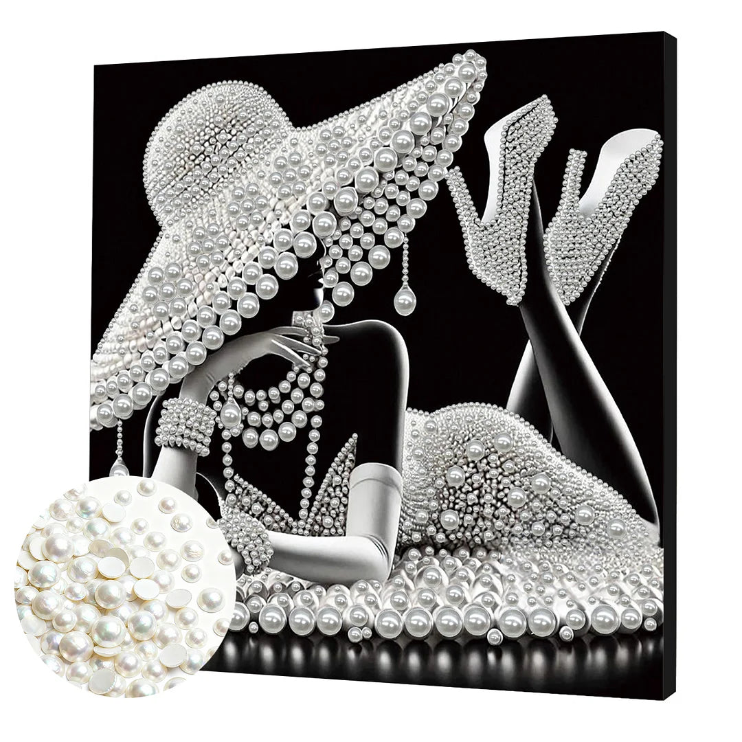 DIY Pearl Painting With Frame - Handmade Self-Adhesive Pearls - White Pearl Lady (30*30cm) C