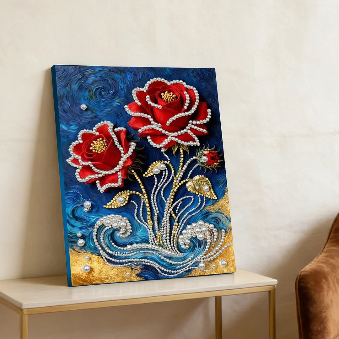 DIY Pearl Painting With Frame - Handmade Self-Adhesive Pearls - Red Rose (30*40cm) A