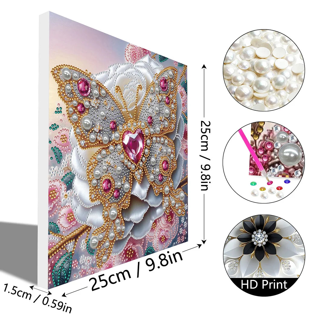 DIY Pearl Painting With Frame - Handmade Self-Adhesive Pearls - Heart Butterfly (25*25cm)
