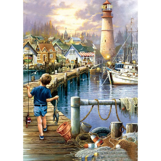 5D Diy Diamond Painting Kit Full Round Beads Litter Boy Fishing Seaside