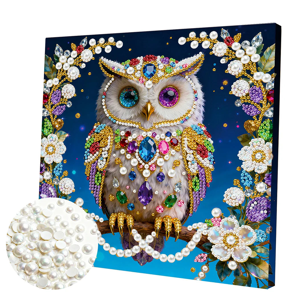 DIY Pearl Painting With Frame - Handmade Self-Adhesive Pearls - Owl (25*25cm) A