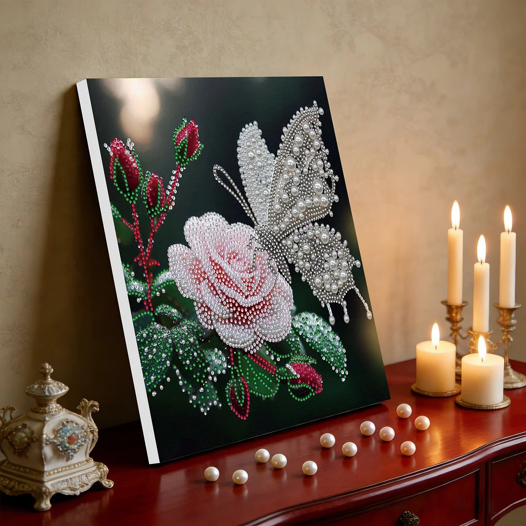 DIY Pearl Painting With Frame - Handmade Self-Adhesive Pearls - Butterfly Flower (25*25cm)