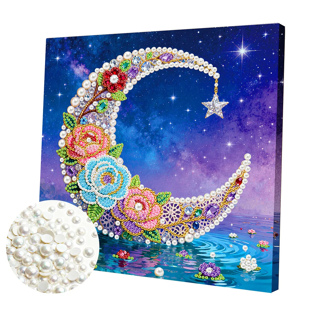 DIY Pearl Painting With Frame - Handmade Self-Adhesive Pearls - Moon (25*25cm)