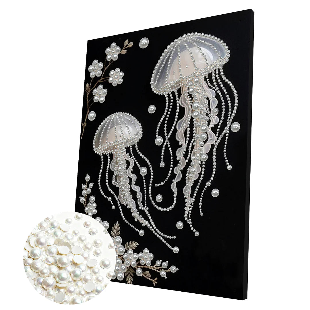DIY Pearl Painting With Frame - Handmade Self-Adhesive Pearls - Jellyfish (30*40cm) A