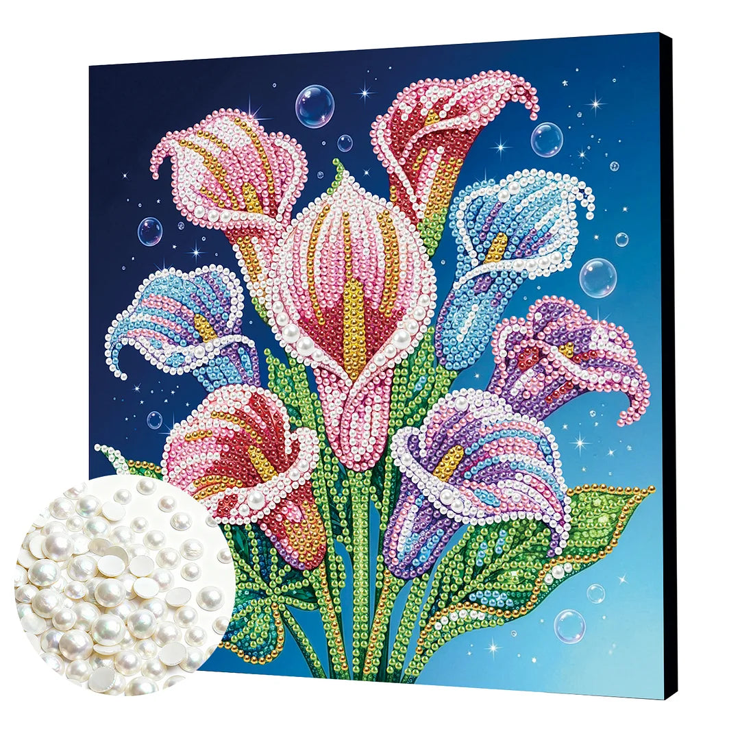 DIY Pearl Painting With Frame - Handmade Self-Adhesive Pearls - Calla Lily (25*25cm)