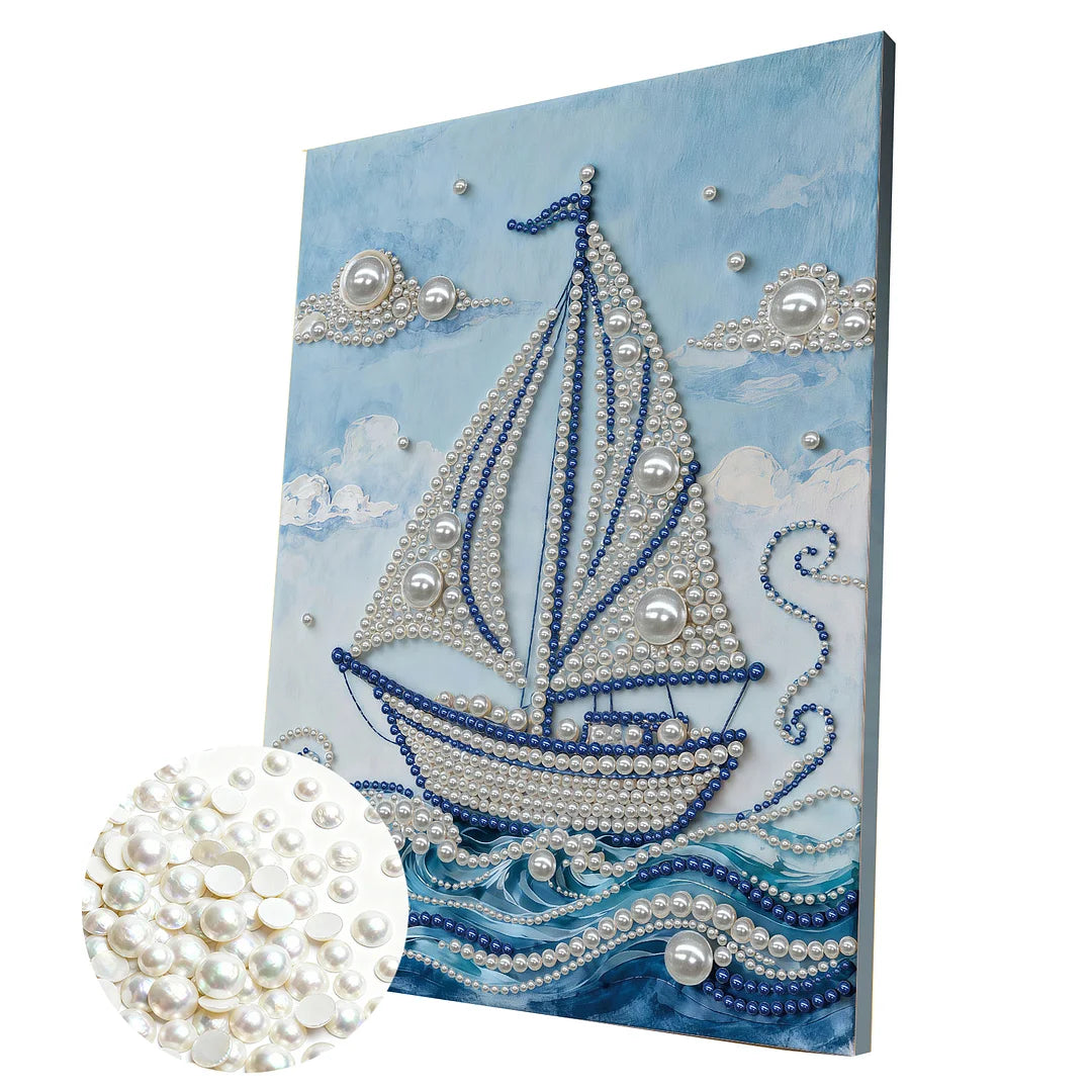 DIY Pearl Painting With Frame - Handmade Self-Adhesive Pearls - Sailboat (30*40cm) C