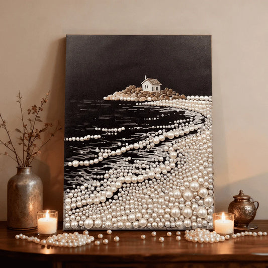 DIY Pearl Painting With Frame - Handmade Self-Adhesive Pearls - Seaside cottage (40*50cm)